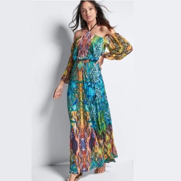 VENUS Maxi Dress Bright Colorful Tropical Print Off Shoulder Boho Flowy Long S - Picture 1 of 15